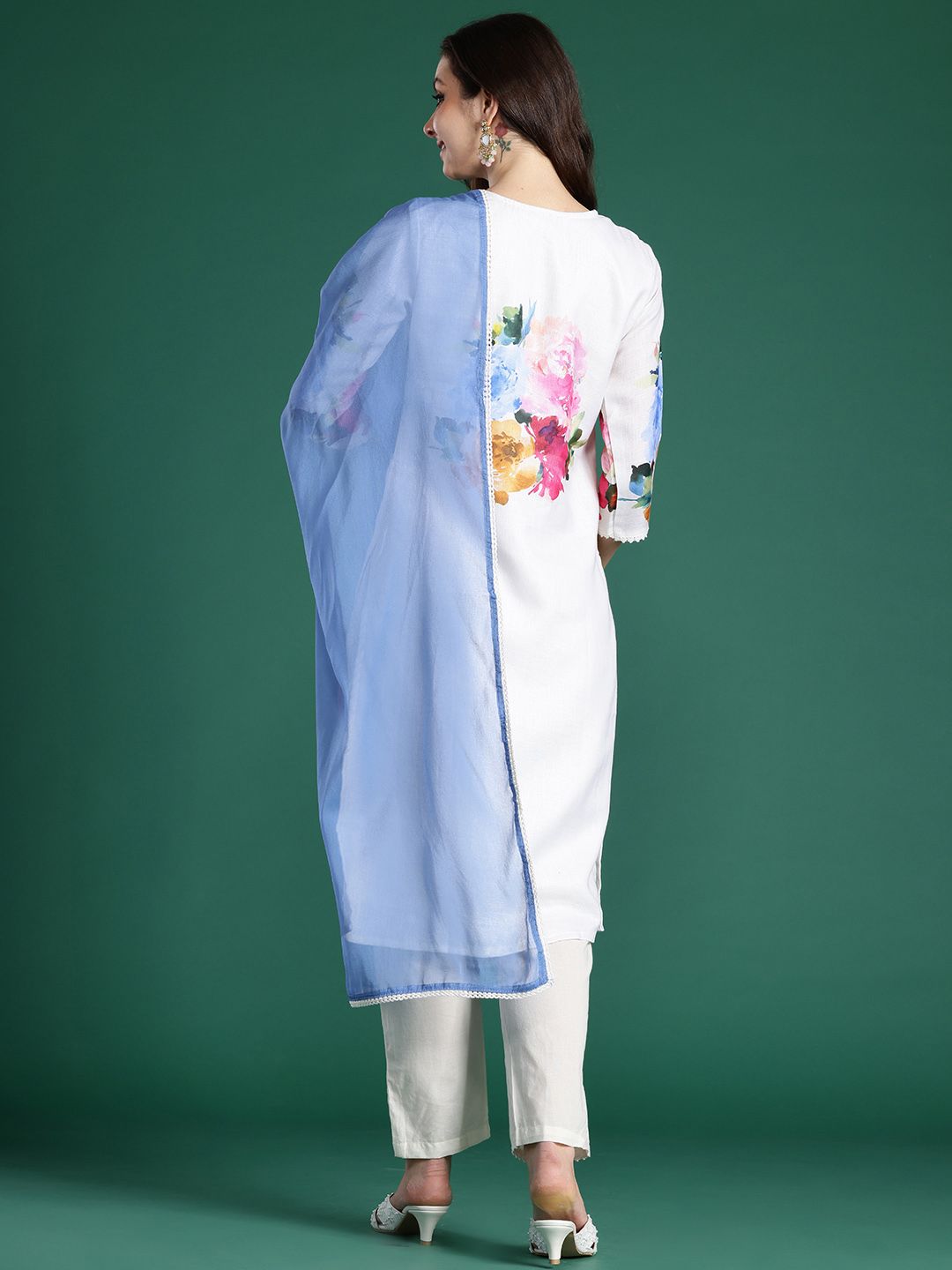 Indo Era Floral Printed Beads and Stones Linen Kurta with Trousers & With Dupatta