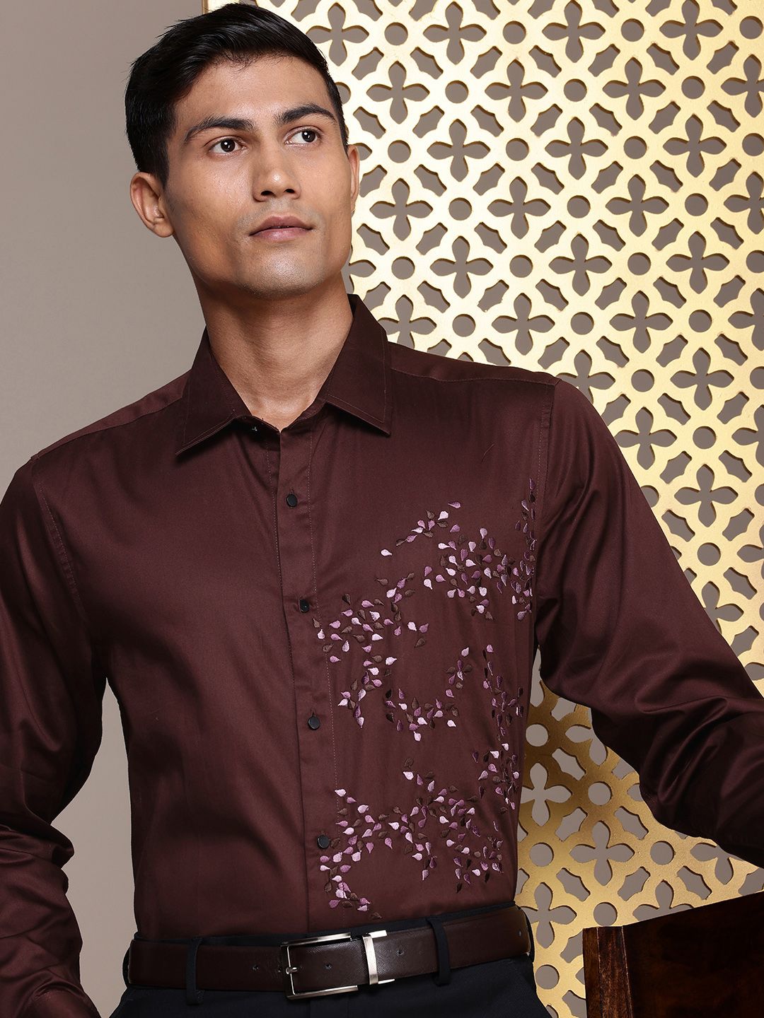 House of Pataudi Self Design Pure Cotton Opaque Party Shirt