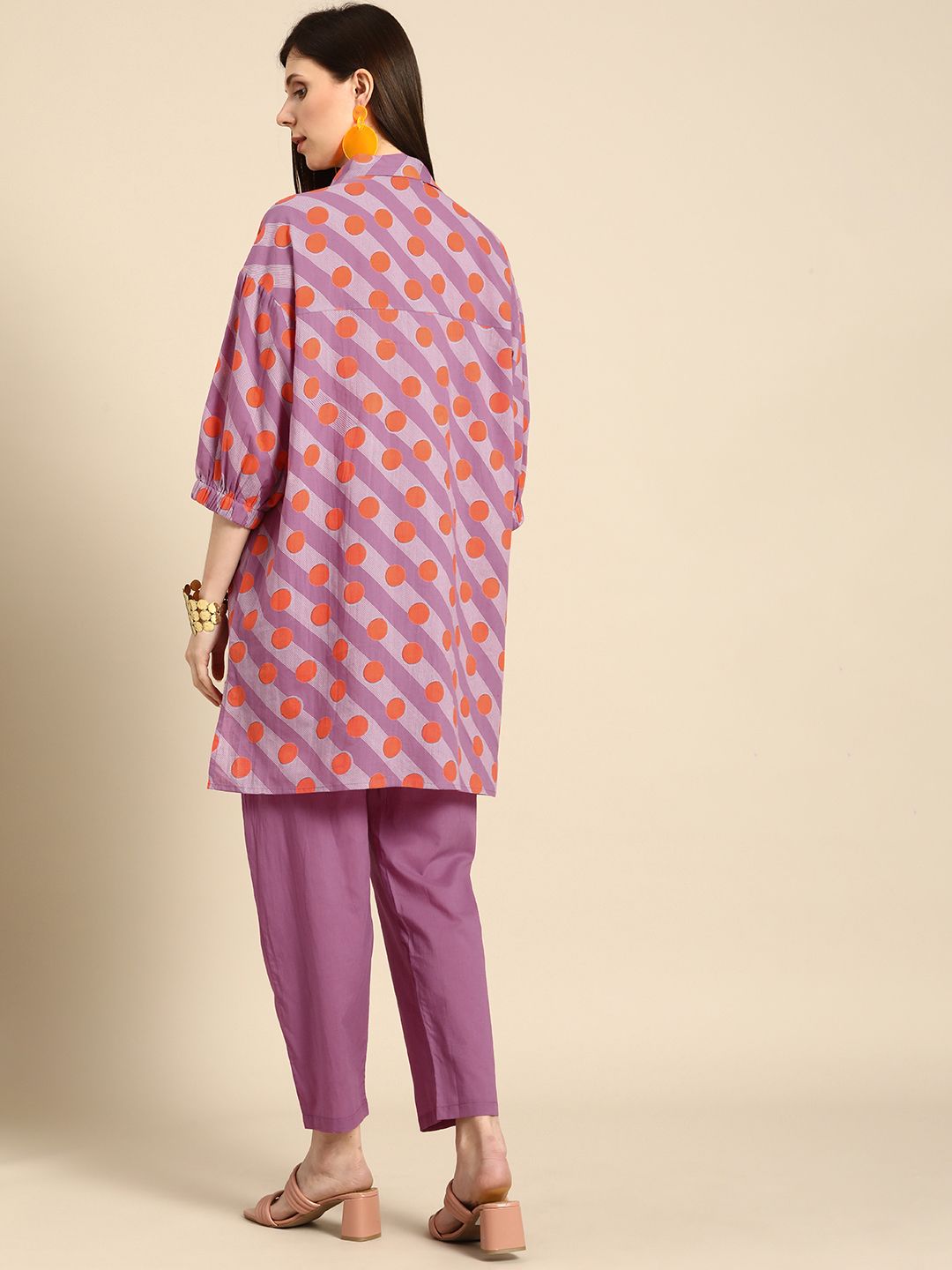 Anouk Women Purple And Orange Striped And Printed Empire Pure Cotton Kurti with Trousers