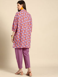 Anouk Women Purple And Orange Striped And Printed Empire Pure Cotton Kurti with Trousers