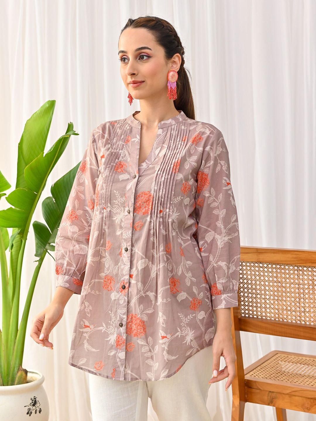 Rustorange Floral Printed Cotton Mandarin Collar Tunic