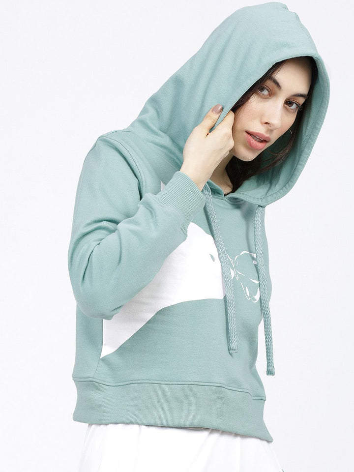 Tokyo Talkies Women Green & White Printed Hooded Sweatshirt