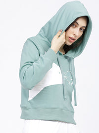 Tokyo Talkies Women Green & White Printed Hooded Sweatshirt