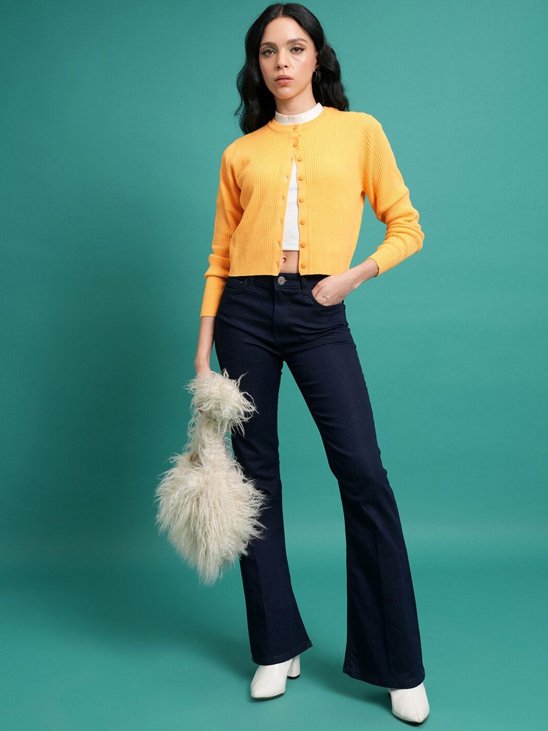 Tokyo Talkies Yellow Ribbed Acrylic Crop Cardigan Sweater