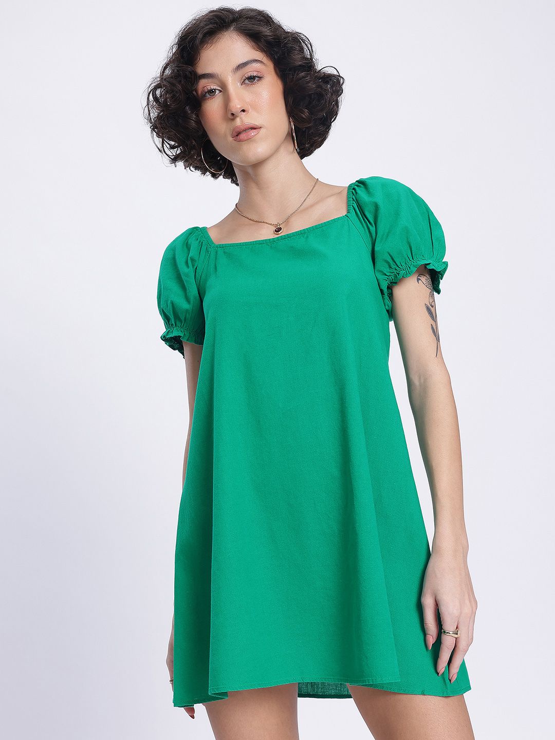 DressBerry Casual Essentials Puff Sleeve Tie-Up Back A-Line Mini Dress