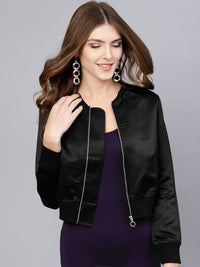 STREET 9 Women Black Solid Satin Bomber Jacket
