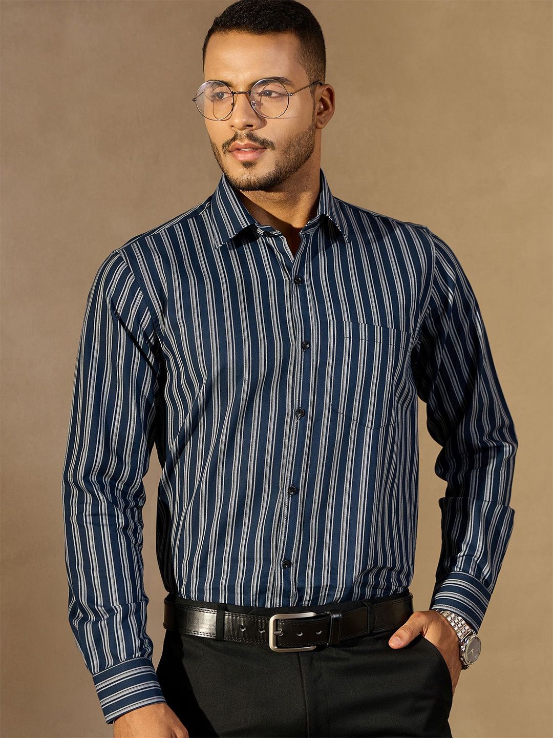 DENNISON Men Vertical Stripes Spread Collar Long Slevees Casual Shirt