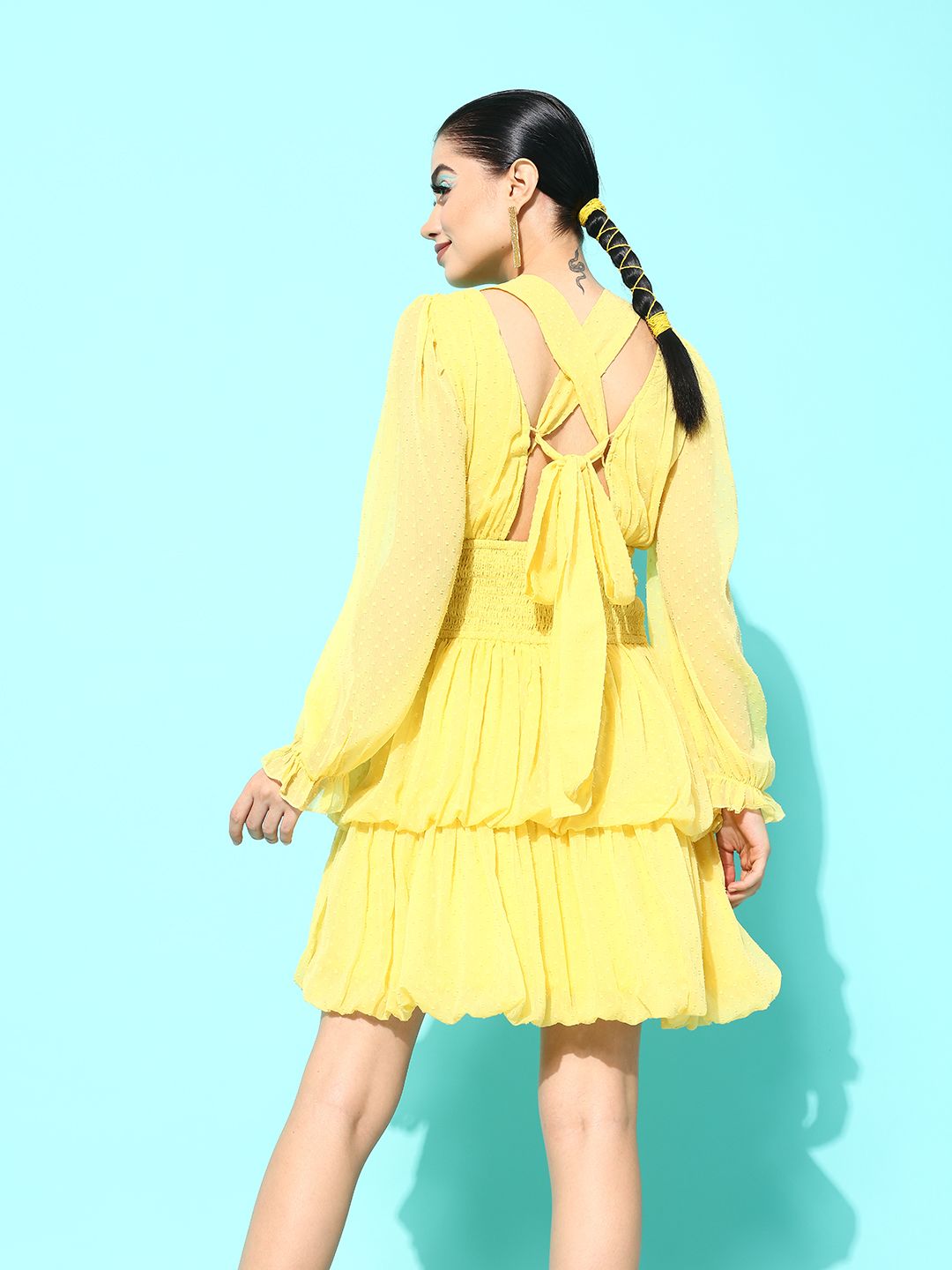 Antheaa Yellow Puff Sleeves Smocked Chiffon Fit & Flare Dress With Cut-Out Detail