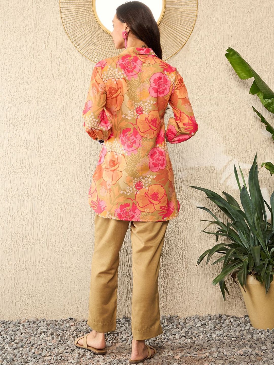 KALINI Floral Printed Shirt Collar Three-Quarter Sleeves Top With Trouser