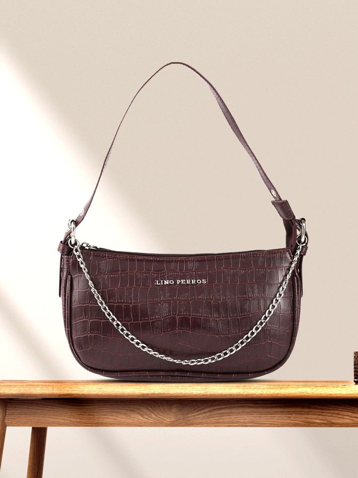 Lino Perros Coffee Brown Croc Textured Baguette Bag