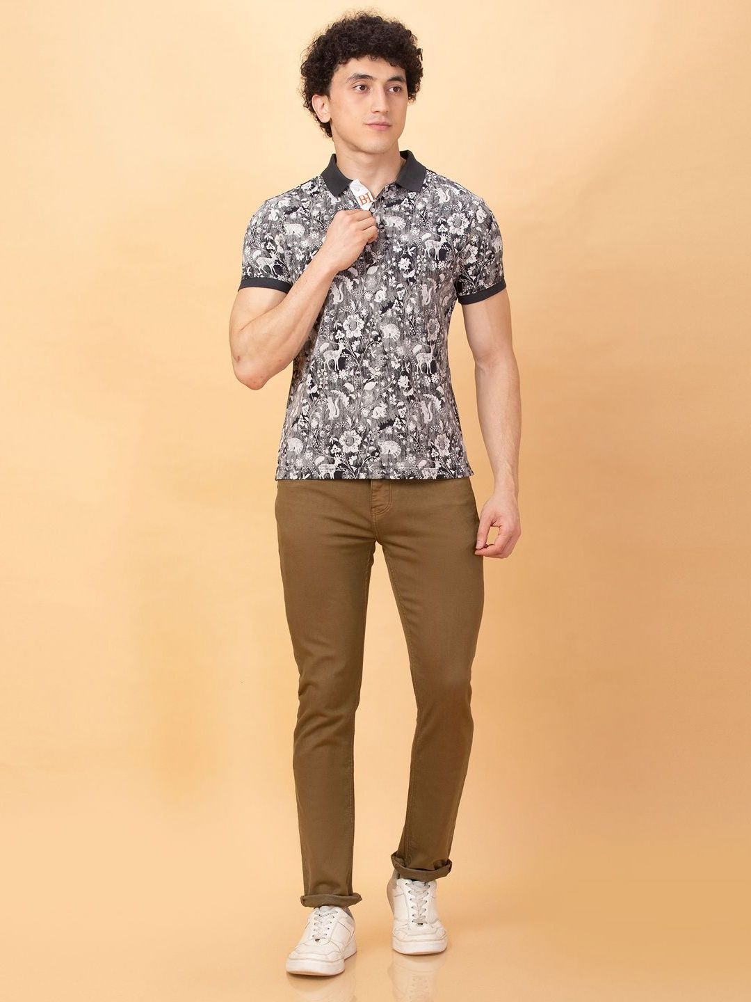 Being Human Men Floral Printed Polo Collar Pockets T-shirt