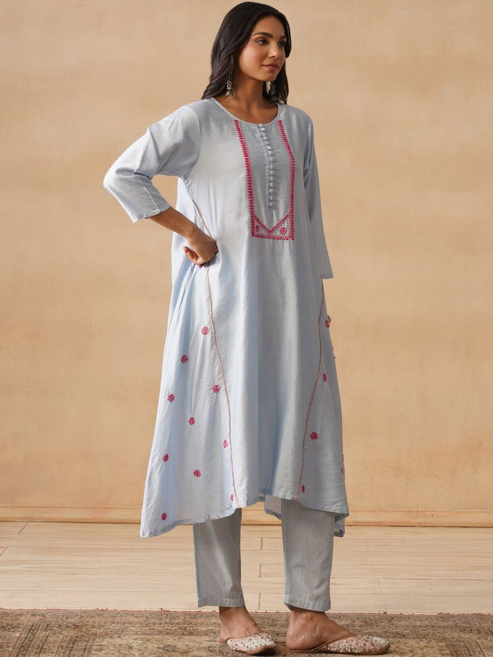 House of Chikankari Women Solid Blue Cotton A-Line Kurta