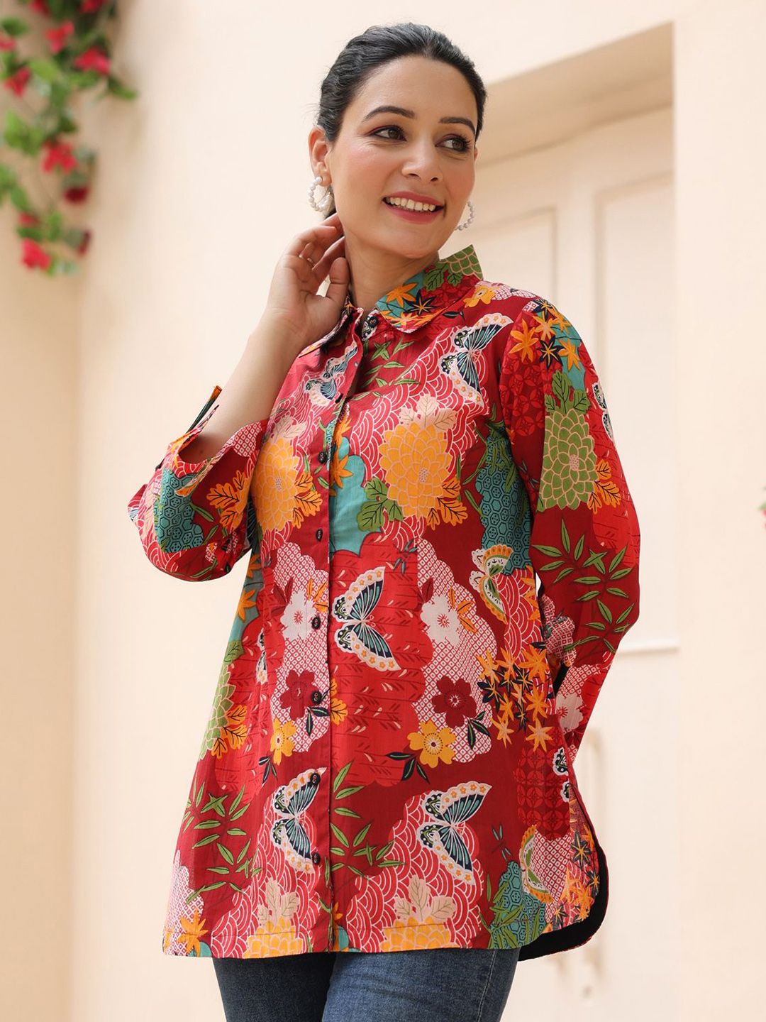 Rain & Rainbow Women Floral Printed Shirt Collar Cotton Top