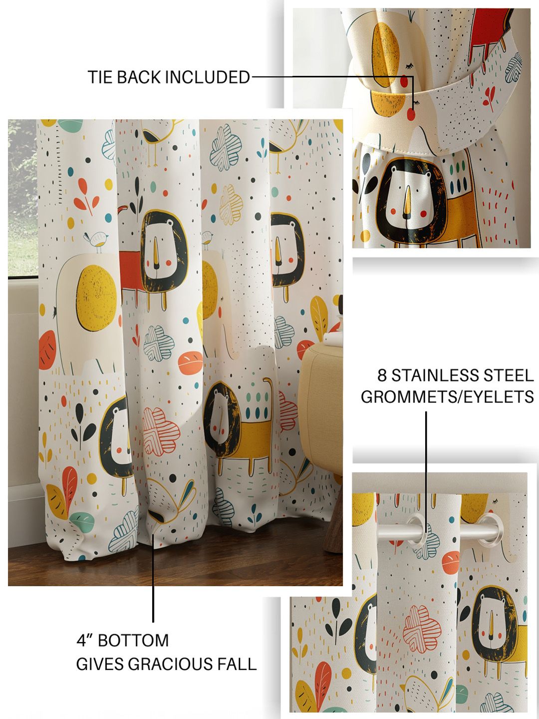 URBAN SPACE White & Yellow Quirky Black Out Window Curtain