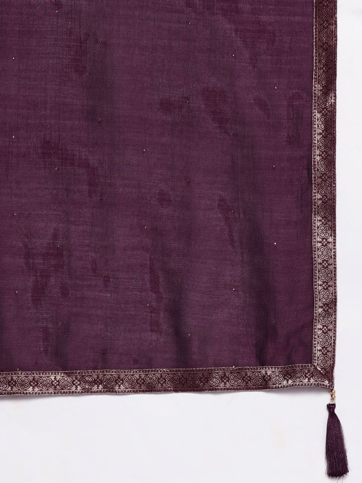 Libas Women Burgundy Floral Motifs Embroidered Sequinned Kurta with Churidar & Dupatta