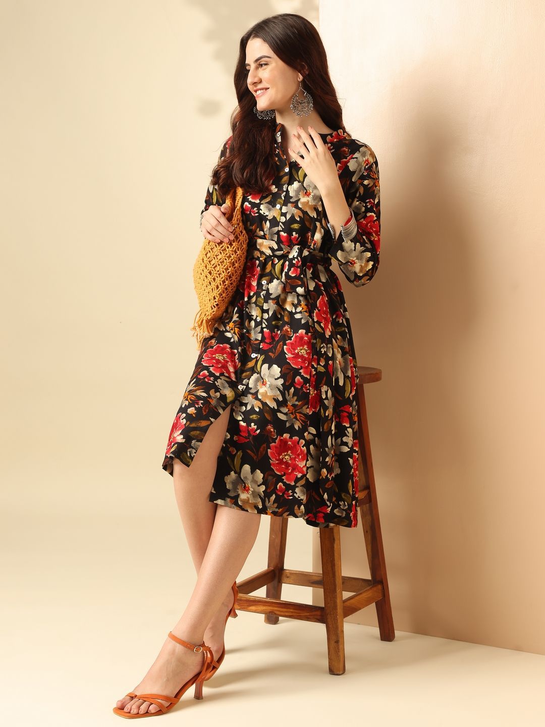 Anouk Brown Floral Printed Mandarin Collar Shirt Dress
