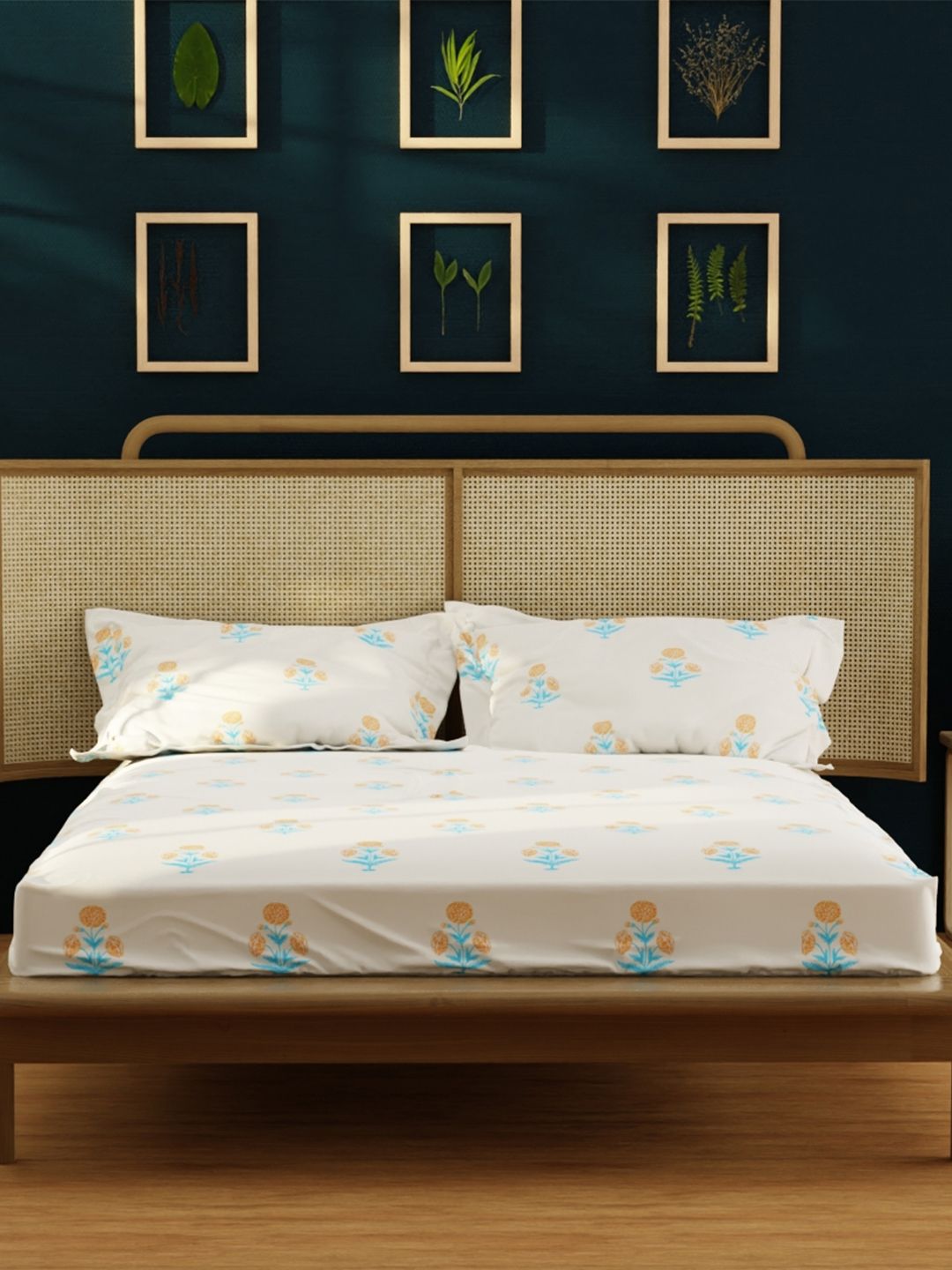 URBAN SPACE Yellow & Blue Printed 200 TC Cotton Single Bedsheet with 1 Pillow Cover