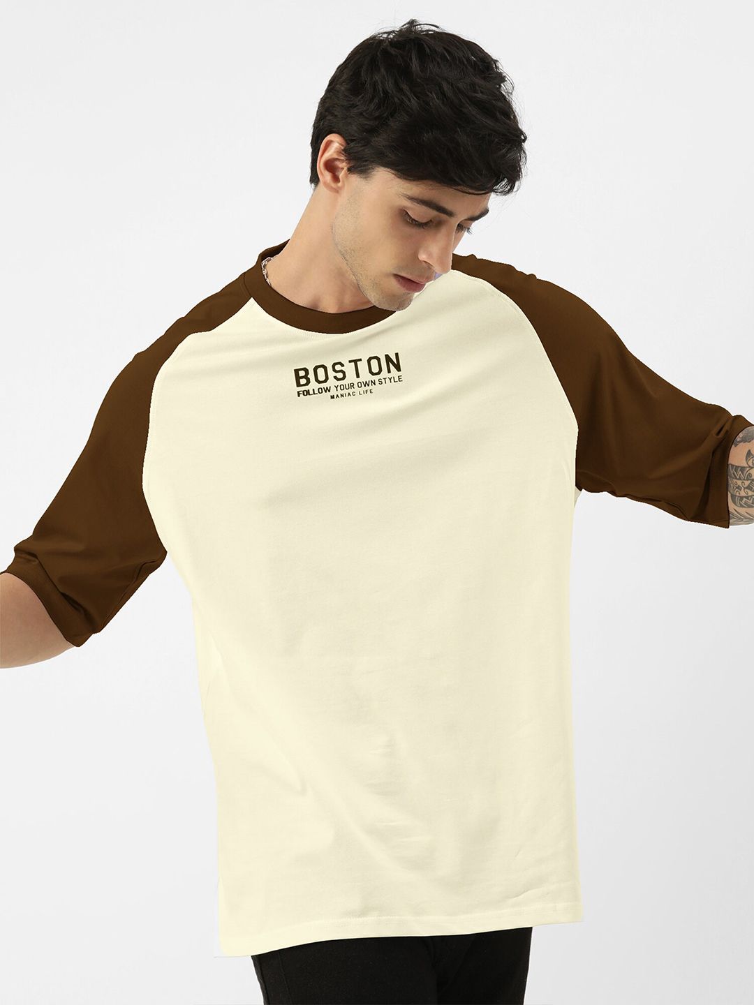 Maniac Colourblocked Raglan Sleeves Cotton Oversized T-shirt