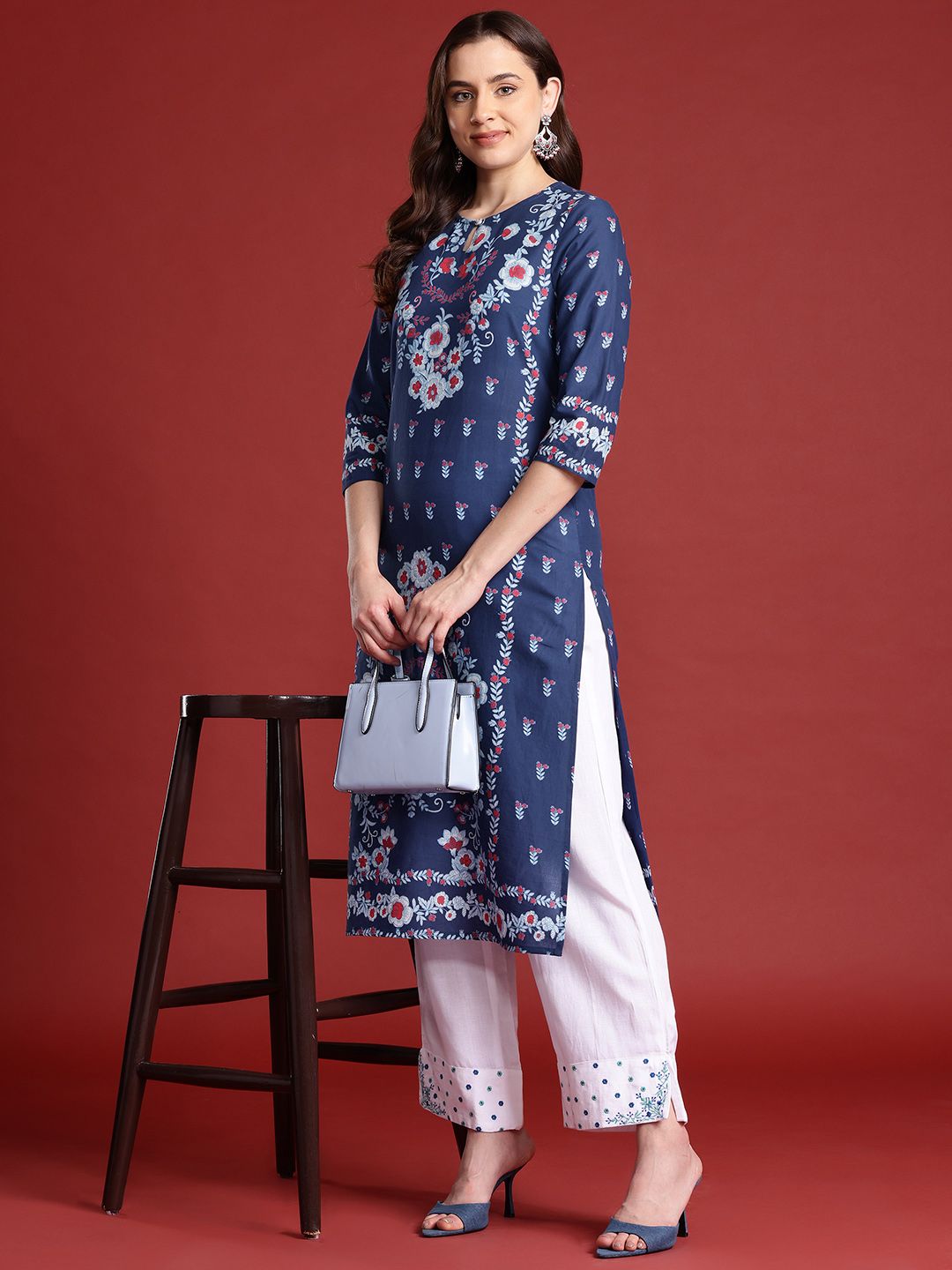 Anouk X Kaarkhana Pure Cotton Floral Print Keyhole Neck Indigo Kurta