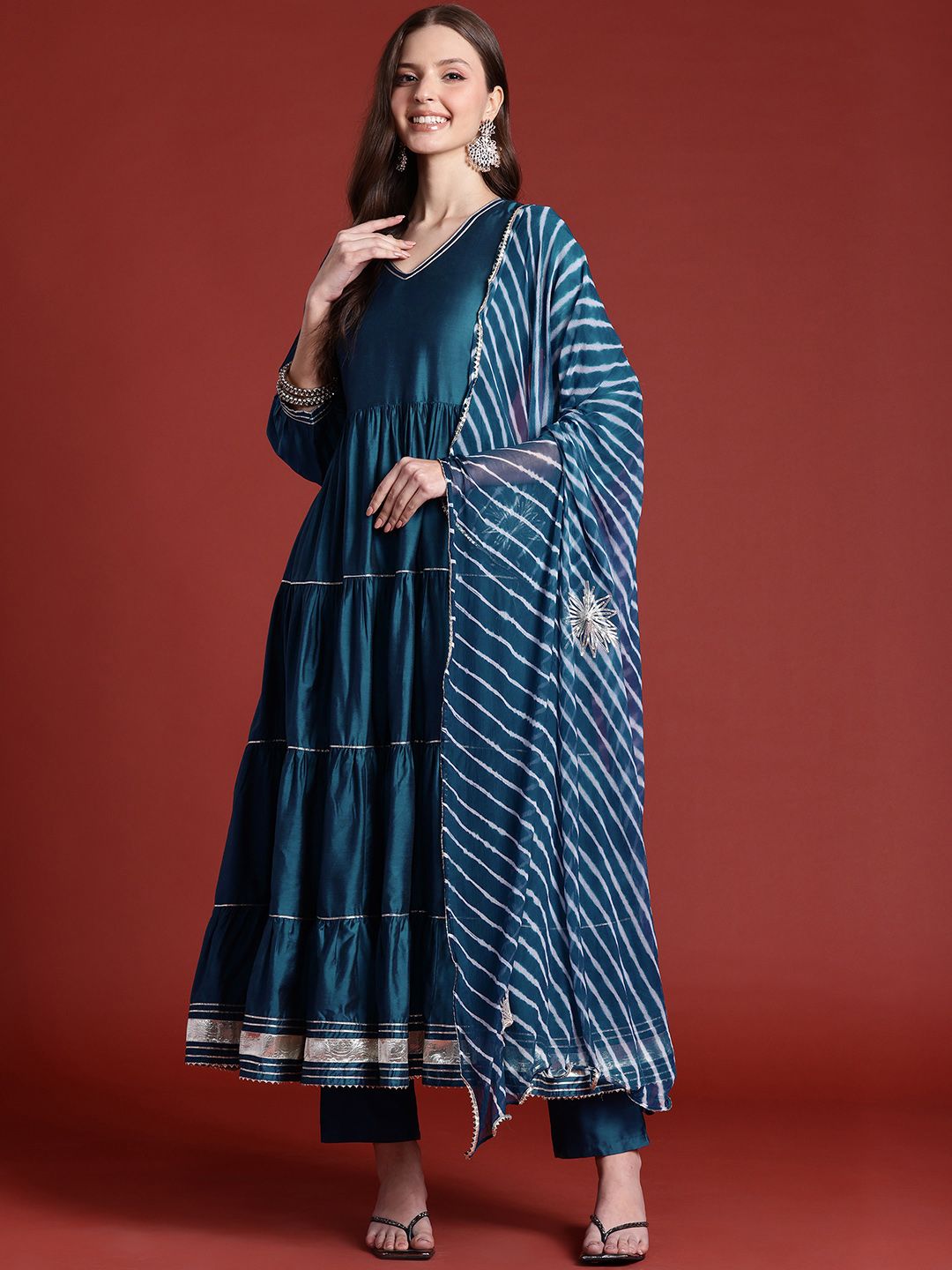 Anouk Tiered Gotta Patti Detail Anarkali Kurta with Trousers & Dupatta