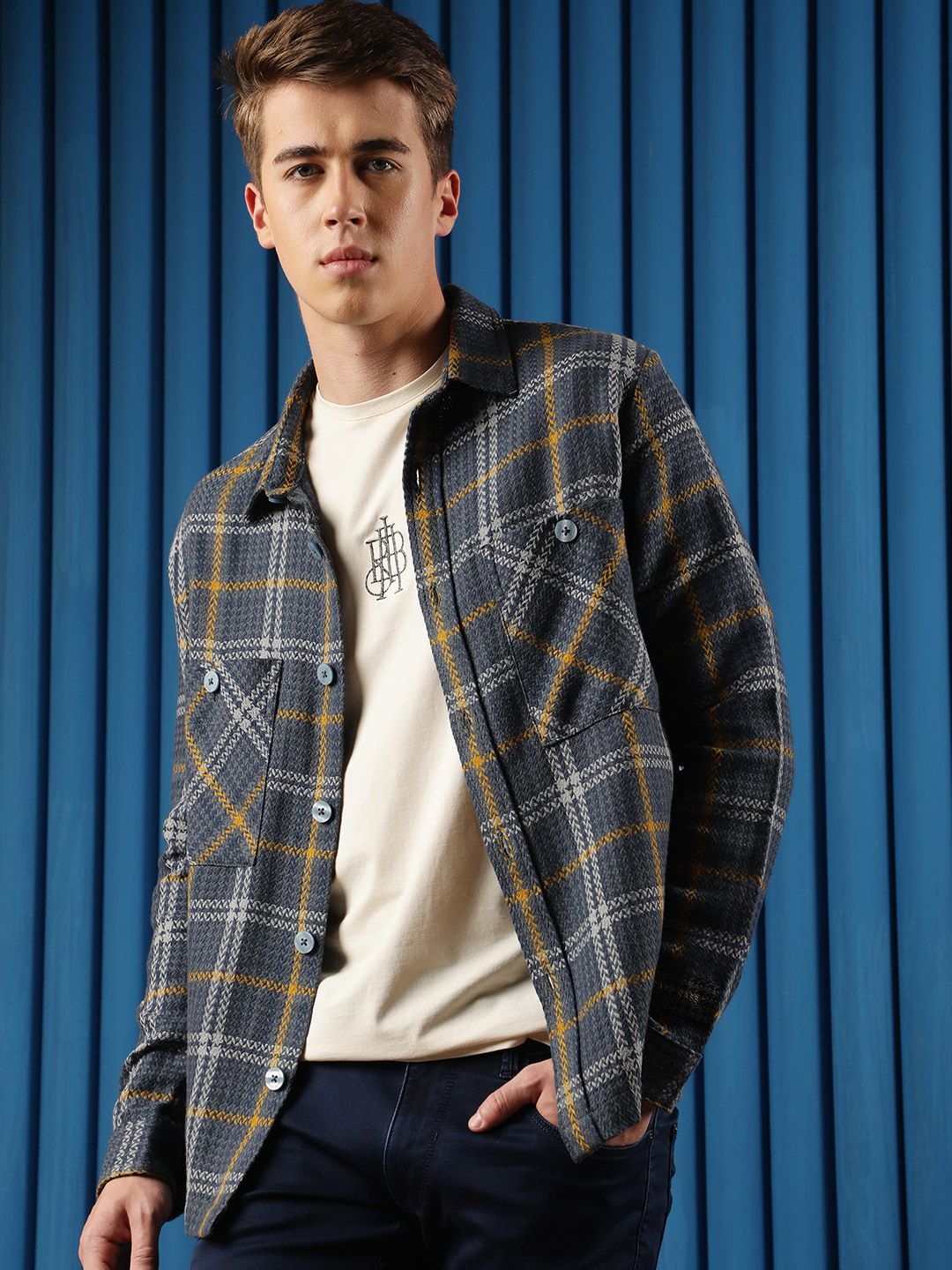 RARE RABBIT Men Hunter Tailored Fit Checked Denim Jacket