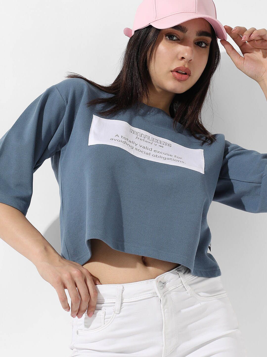 Campus Sutra Blue Typography Print Cotton Crop T-shirt