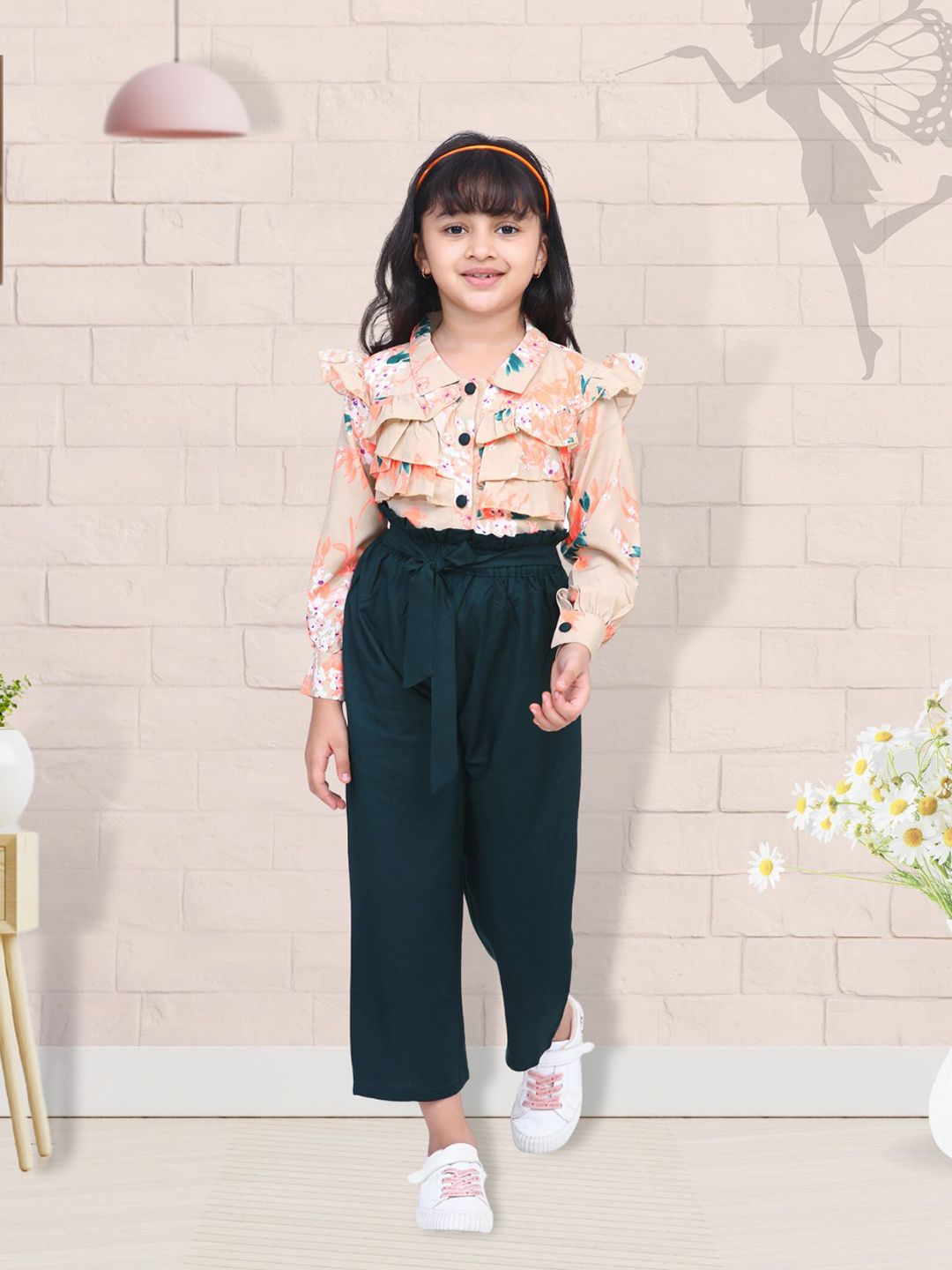 Cutiekins Girls Beige & Green Printed Top with Palazzos