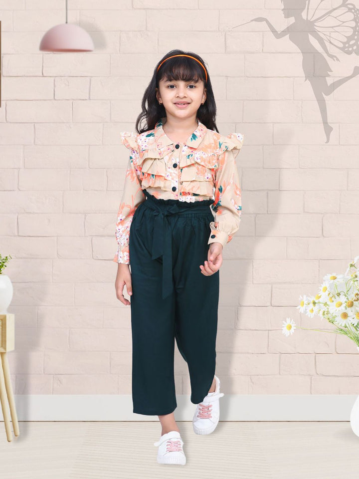 Cutiekins Girls Beige & Green Printed Top with Palazzos