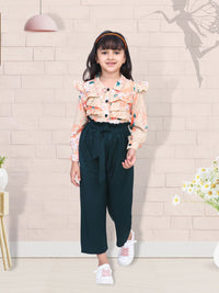Cutiekins Girls Beige & Green Printed Top with Palazzos
