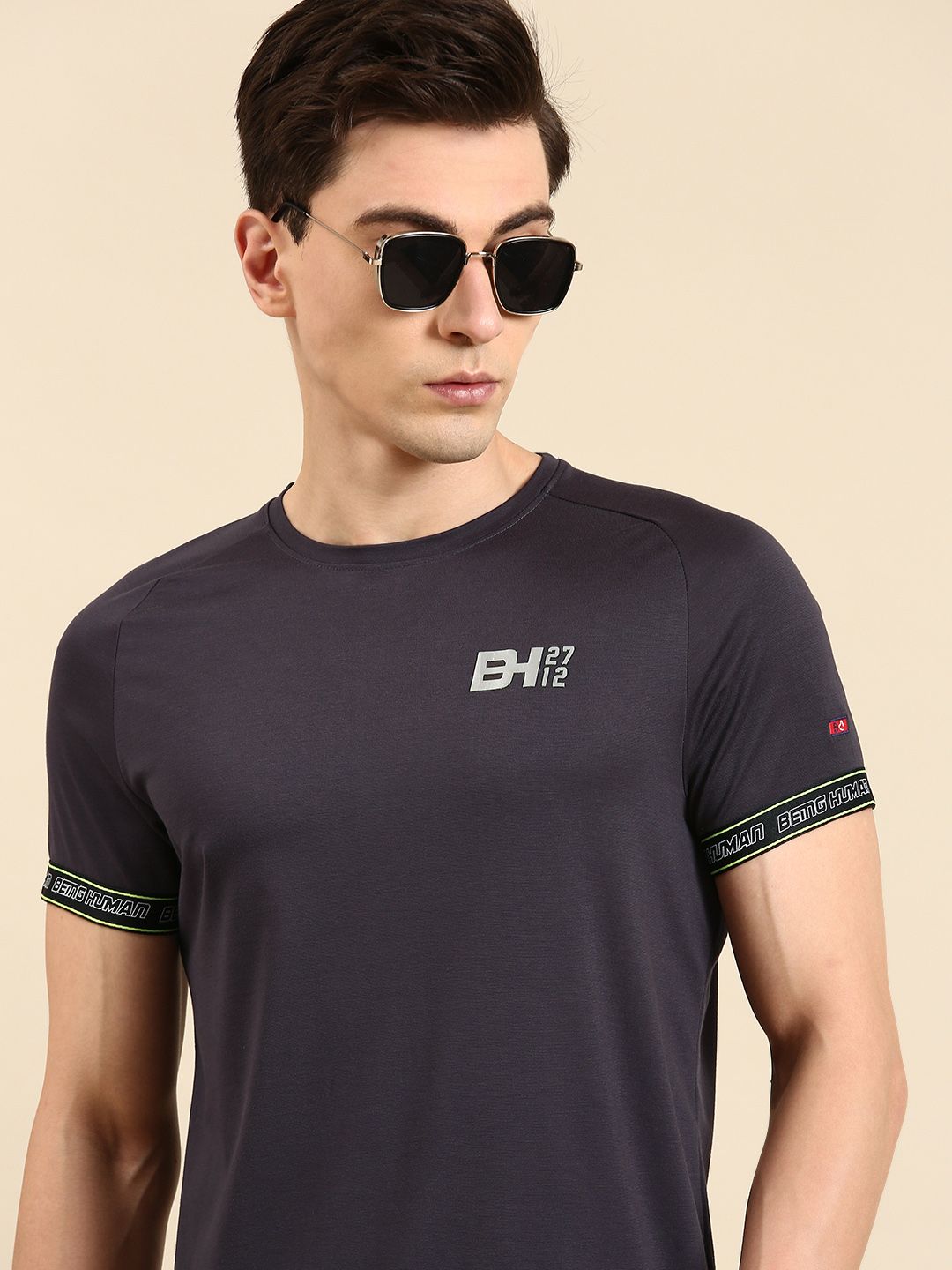 Being Human Men Solid Pure Cotton Applique Casual T-shirt
