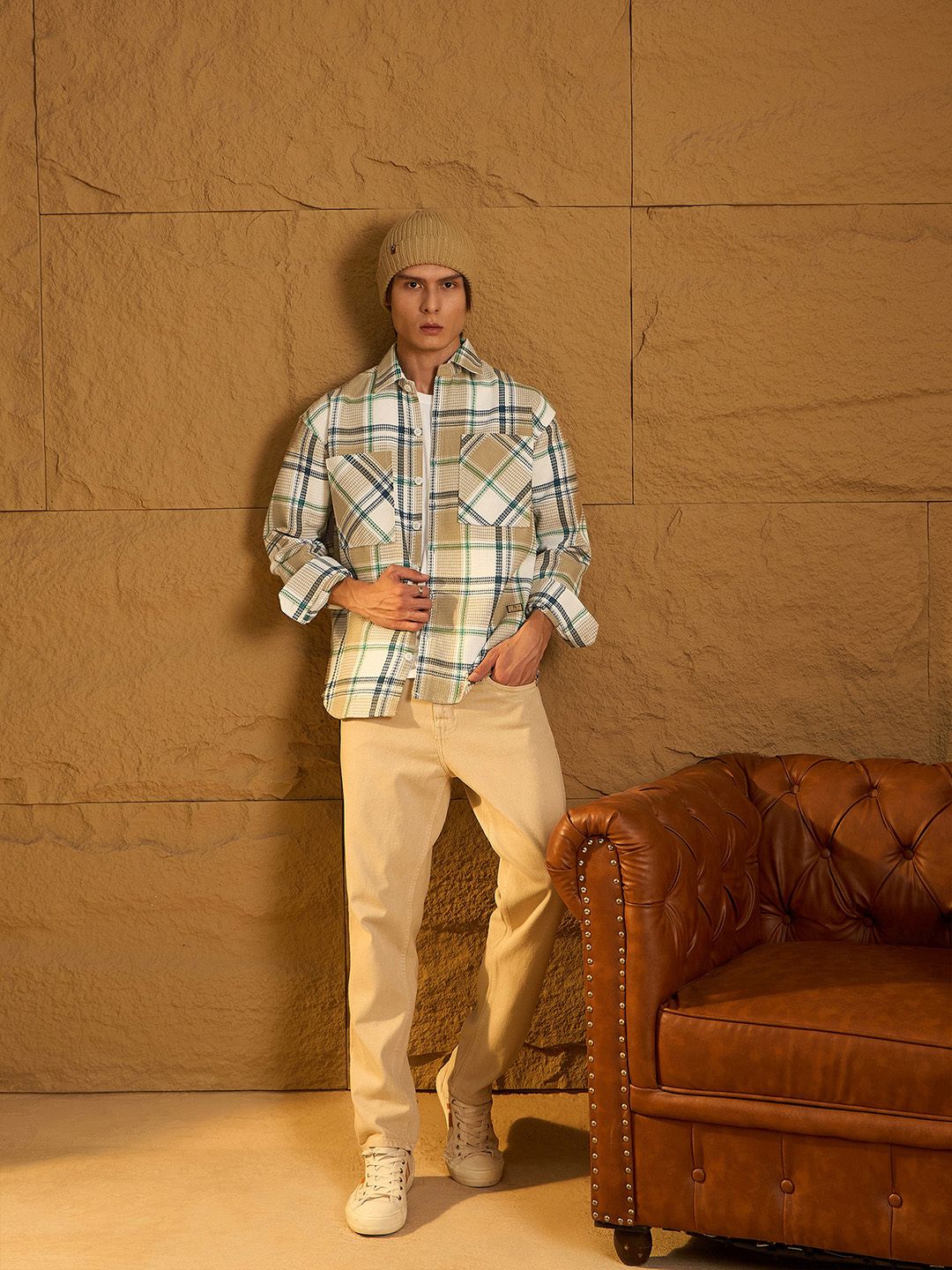 DENNISON Men Double Pocket Drop Shoulder Oversized Cotton Checked Shacket