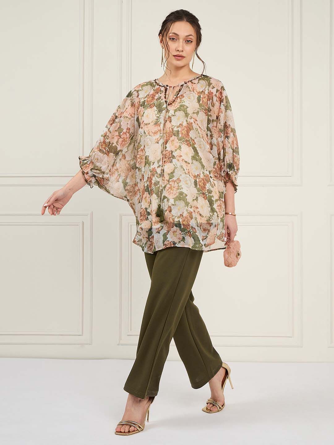 Antheaa Off White Floral Printed Tie Up Puff Sleeves Sequined Tunic With Trouser