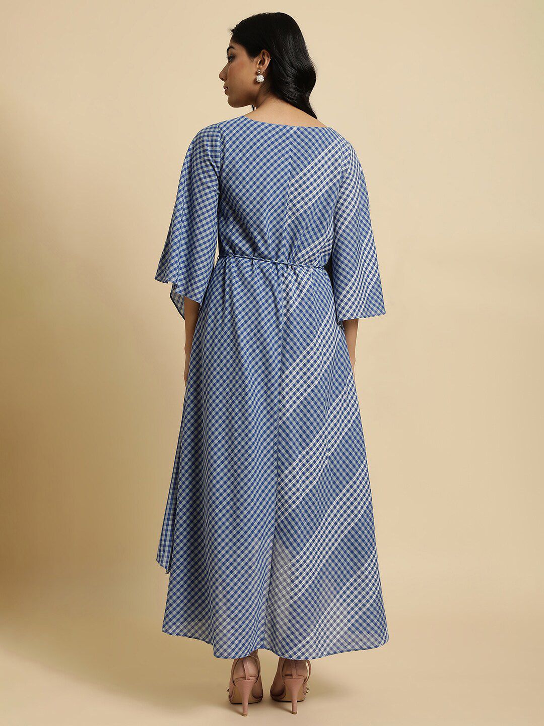 W Checked Kimono Sleeves Kaftan Pure Cotton Midi Dress