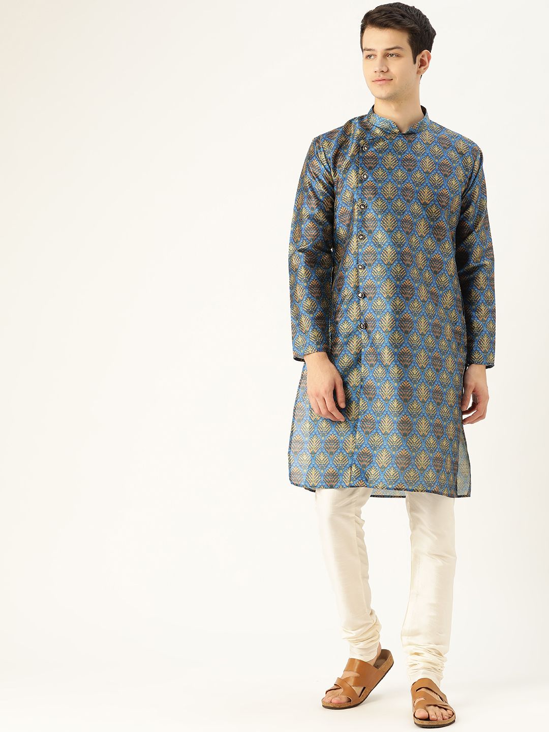 SOJANYA Lelaki Blue & Yellow Printed Angrakha Straight Kurta