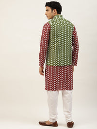 SOJANYA Men Maroon Chikankari Embroidered Kurta with Churidar & Nehru Jacket