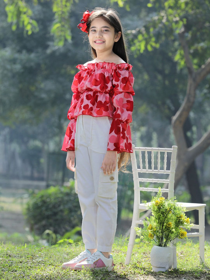Cutiekins Girls Floral Printed Off-Shoulder Top with Trouser