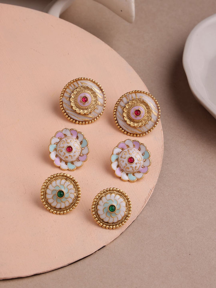 PANASH Set Of 3 Gold-Plated Circular Stone Studded & Beaded Studs