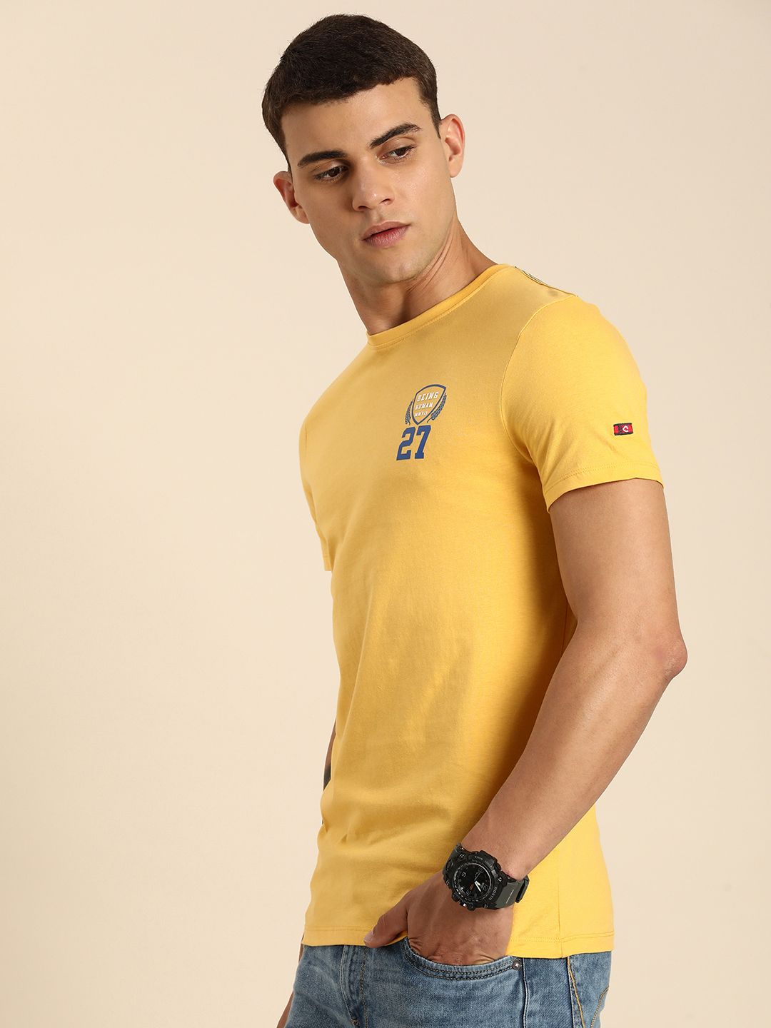 Being Human Solid With Minimal Print Pure Cotton Casual T-shirt