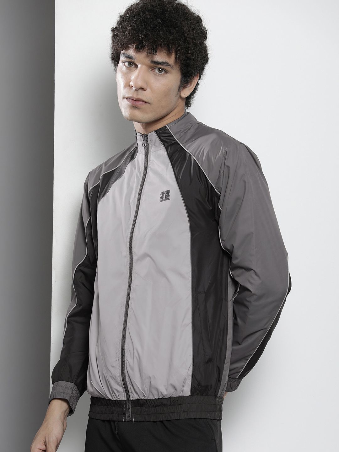 The Indian Garage Co Men Grey & Black Colourblocked Windcheater Jacket