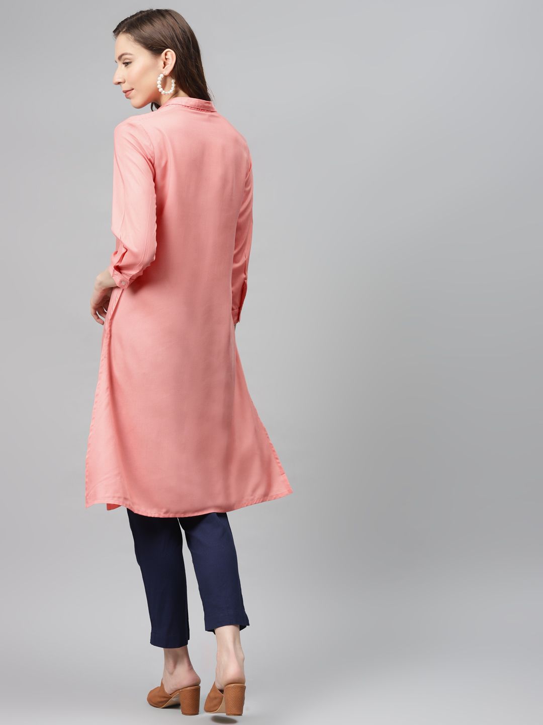 Global Desi Eco Vero Women Pink Solid Straight Fusion Kurta