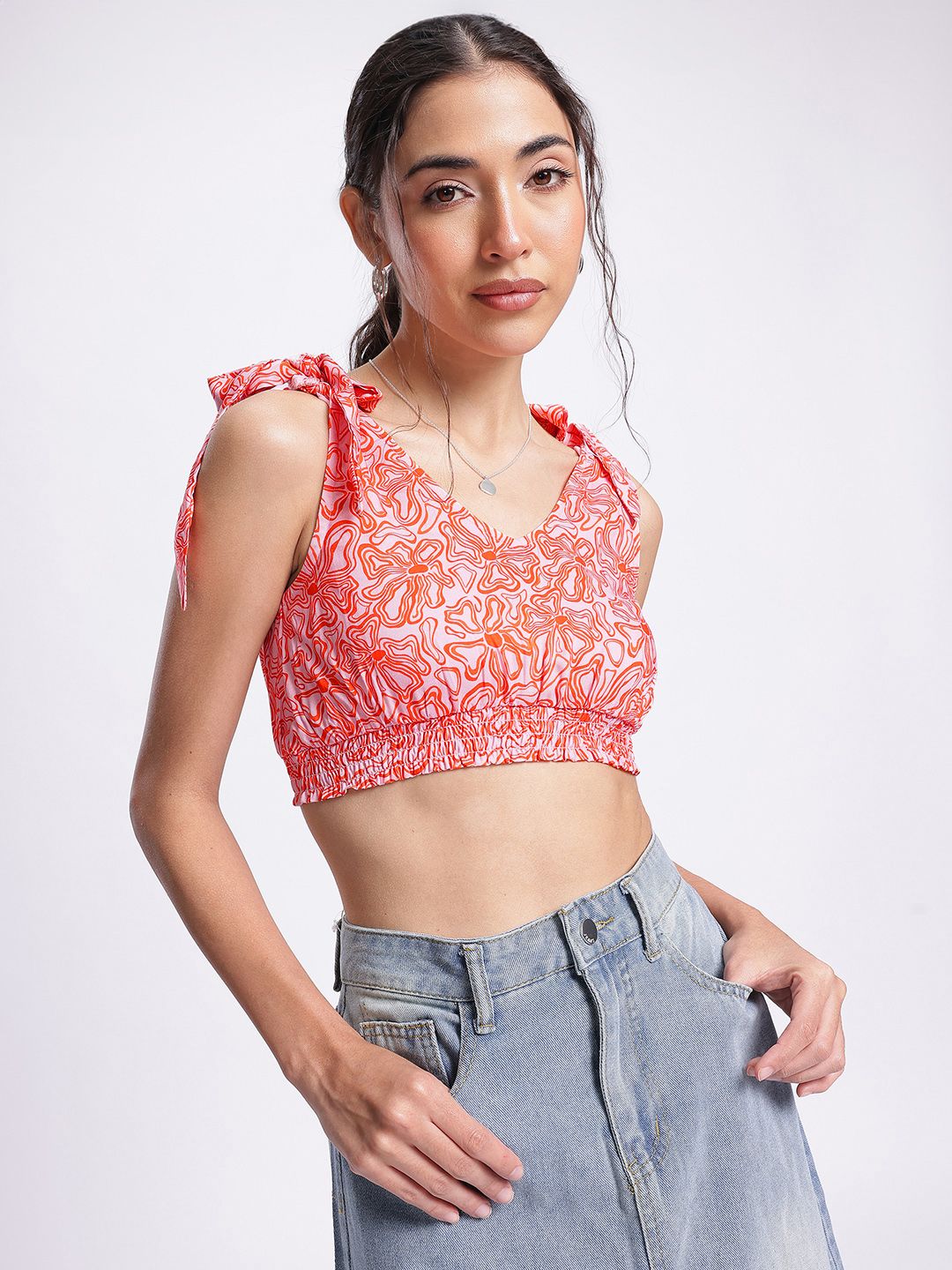DressBerry Floral Frenzy Tie-Up Detail Smocked Crop Top