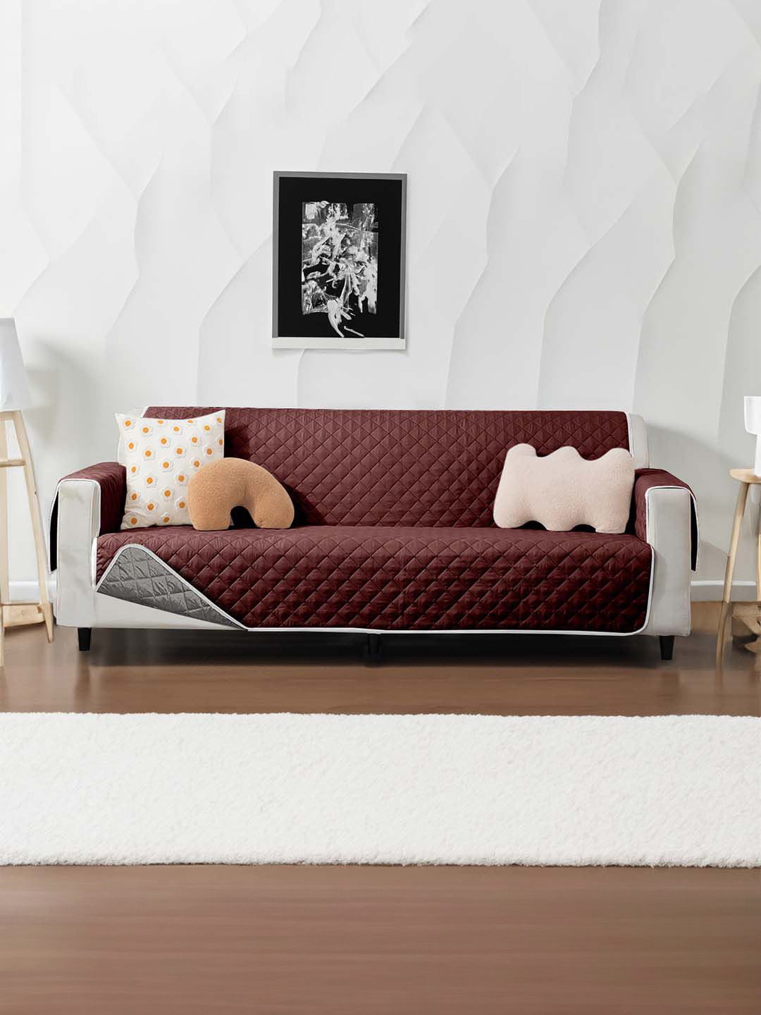 Cortina Brown & Grey Quilted 3 Seater Reversible Sofa Cover With Arms