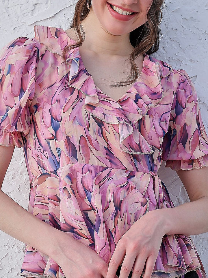Athena Lavender Floral Printed V-Neck Puff Lengan Ruffles Terperinci