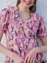 Athena Lavender Floral Printed V-Neck Puff Lengan Ruffles Terperinci
