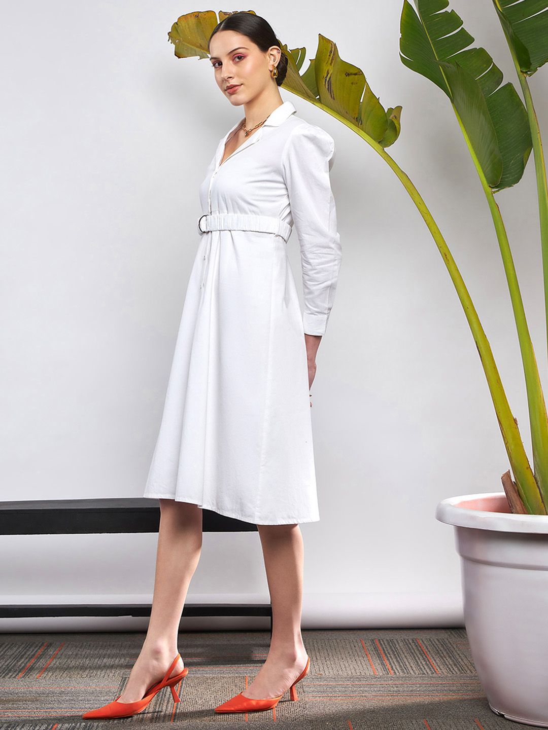 SASSAFRAS White Puff Sleeve Belted Shirt Style Midi Dress