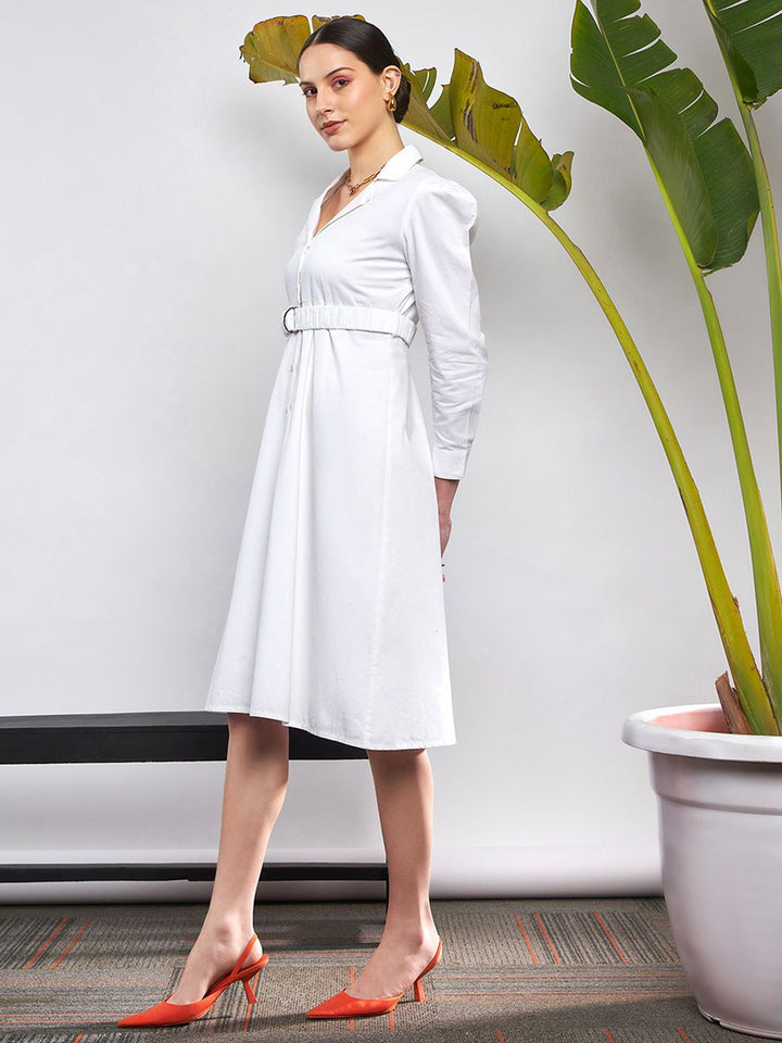 SASSAFRAS White Puff Sleeve Belted Shirt Style Midi Dress