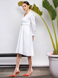 SASSAFRAS White Puff Sleeve Belted Shirt Style Midi Dress