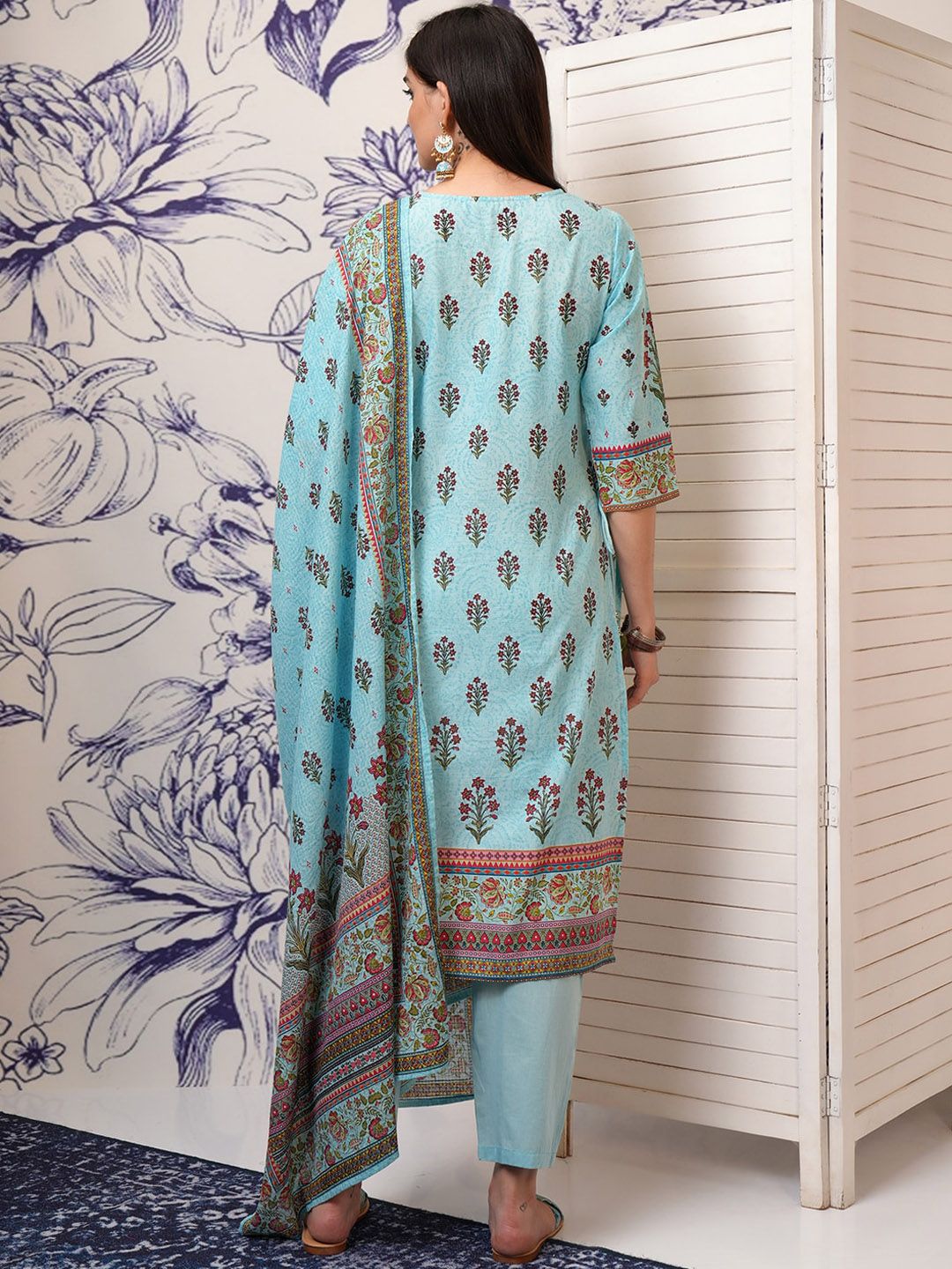 Vishudh Floral Printed Regular Pure Cotton Straight Kurta with Trousers & Dupatta
