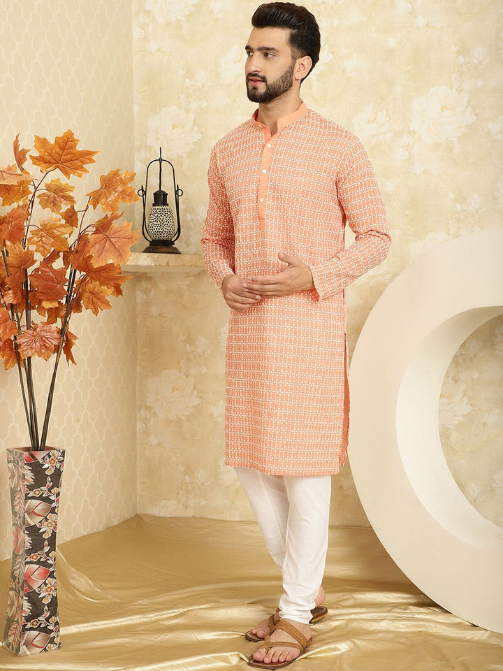 SOJANYA Ethnic Motifs Embroidered Mandarin Collar Pure Cotton Kurta with Churidar