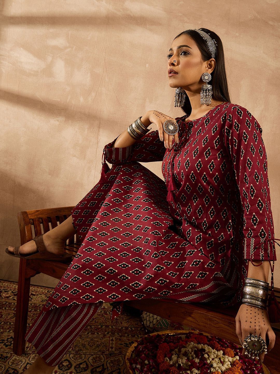 Indo Era Women Ethnic Motifs Printed Regular Pure Cotton Kurta with Palazzos